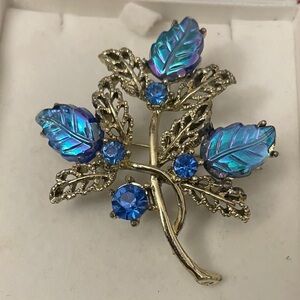 Blue Aurora borealis molded glass leaf rhinestone mid century vintage brooch